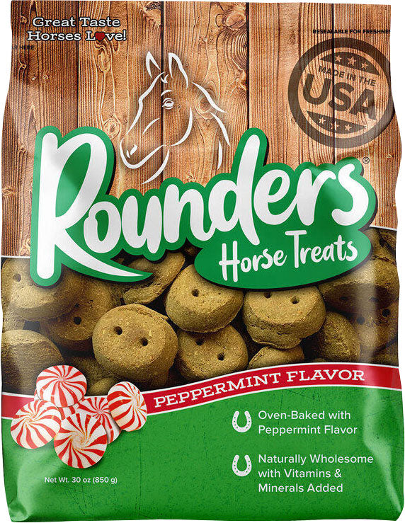 Front view of a packaged product showing Rounders Horse Treats in peppermint flavor, 30 oz size.