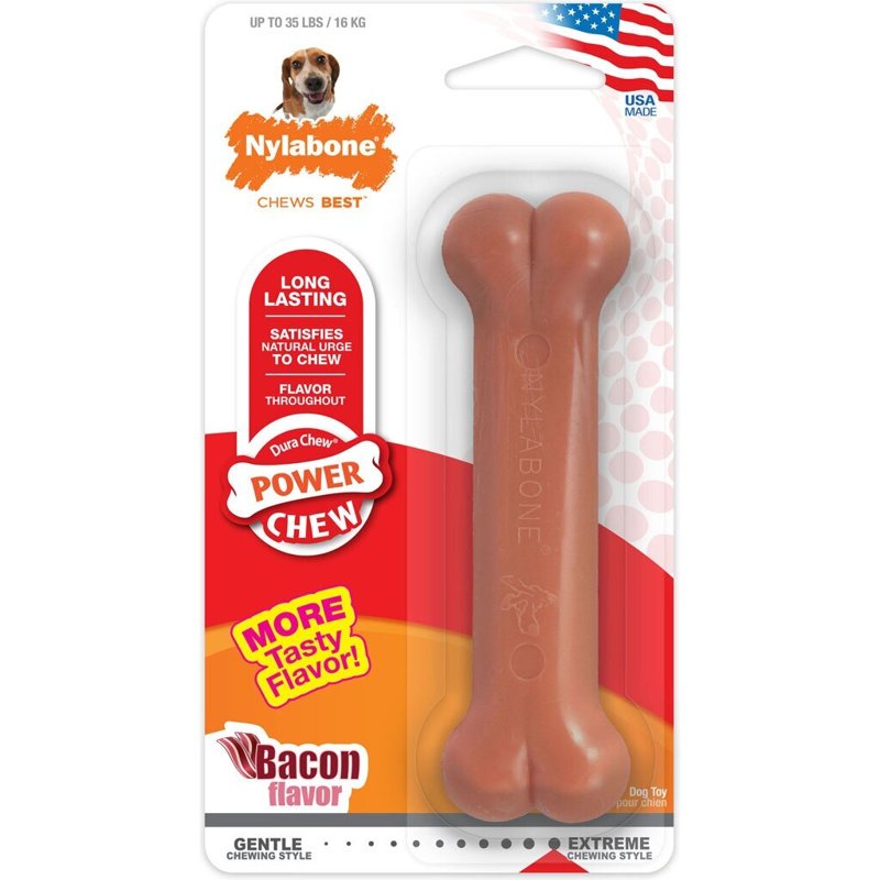 Nylabone Power Chew Classic Bone Chew Toy for Dogs, Durable Dog Toys for Aggressive Chewers, Bacon Flavor, Medium/Wolf - Up to 35 lbs. (1 Count)
