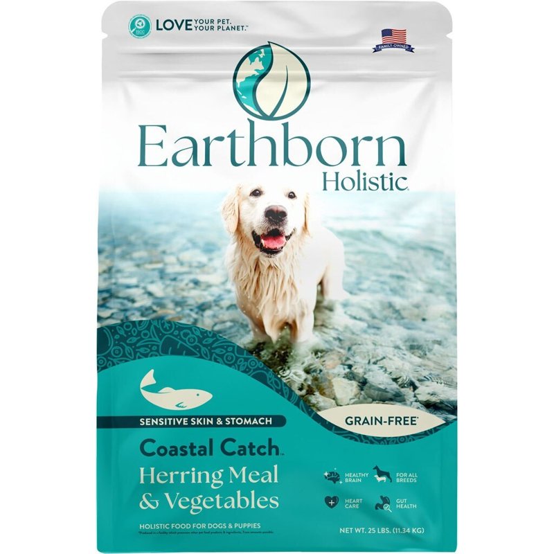 Earthborn Holistic Coastal Catch Herring Meal & Vegetables Grain-Free, Sensitive Skin and Stomach Dry Food for Dogs and Puppies (25 lb. Bag)