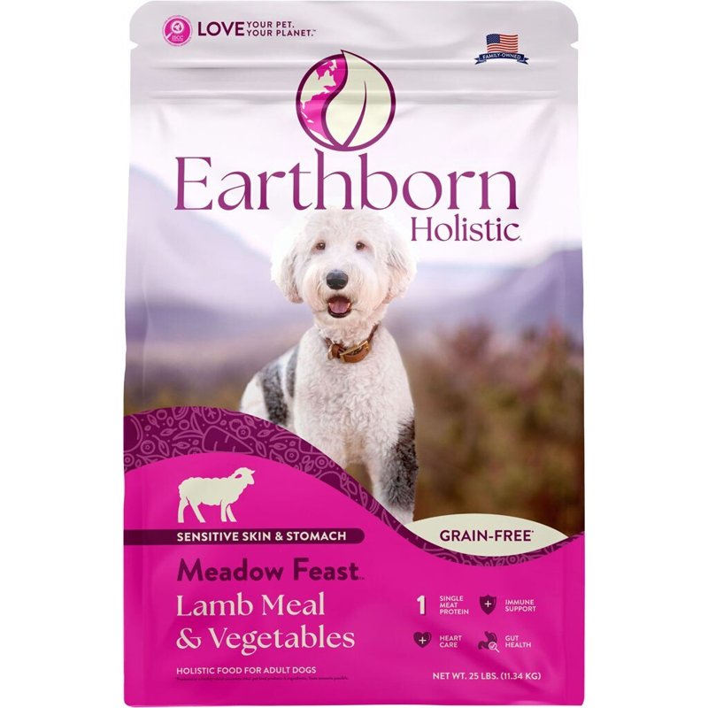 Earthborn Holistic Meadow Feast Lamb Meal & Vegetables Grain-Free Sensitive Skin & Stomach Dry Food for Adult Dogs (25 lb. Bag)