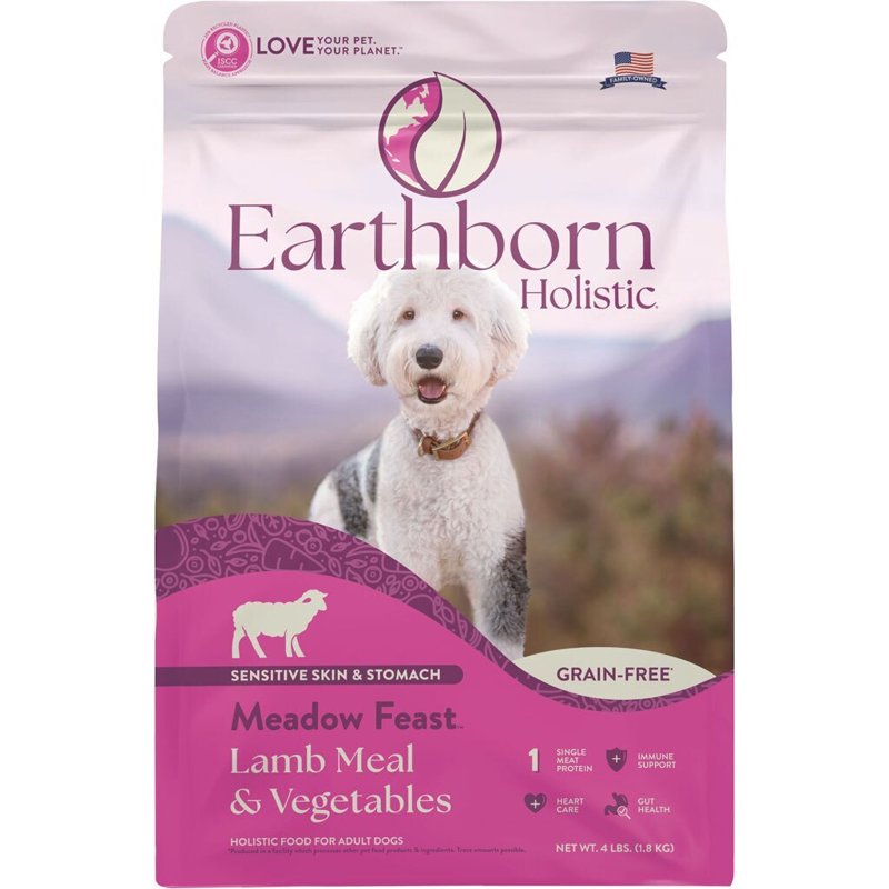Earthborn Holistic Meadow Feast Lamb Meal & Vegetables Sensitive Skin & Stomach Grain Free Dry Food for Adult Dogs (4 lb. Bag)