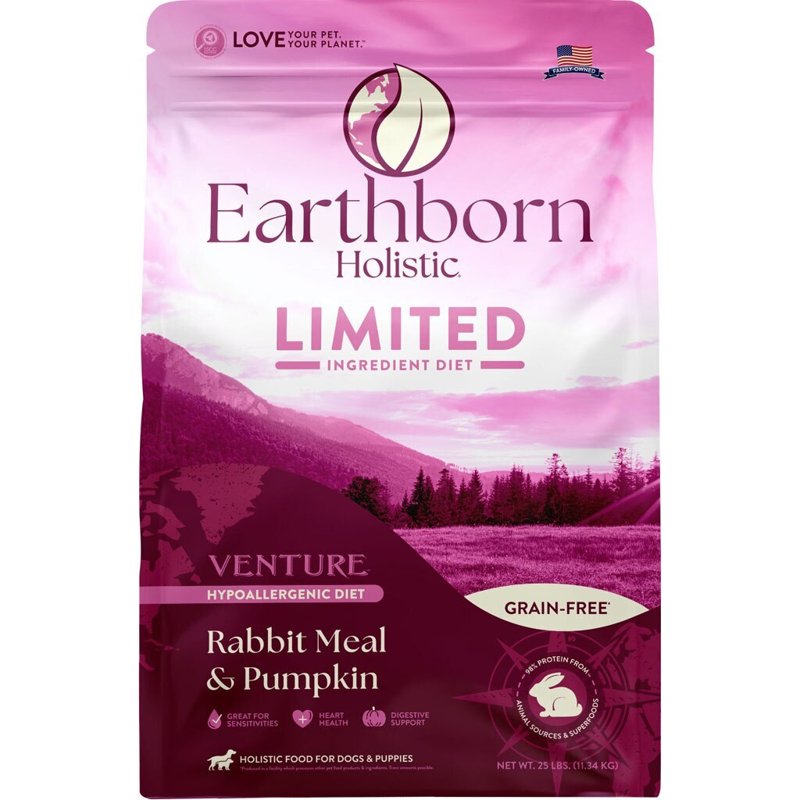 Earthborn Holistic Venture Rabbit Meal & Pumpkin Limited Ingredient Diet Grain-Free Dry Food for Dogs & Puppies (25 lb. Bag)