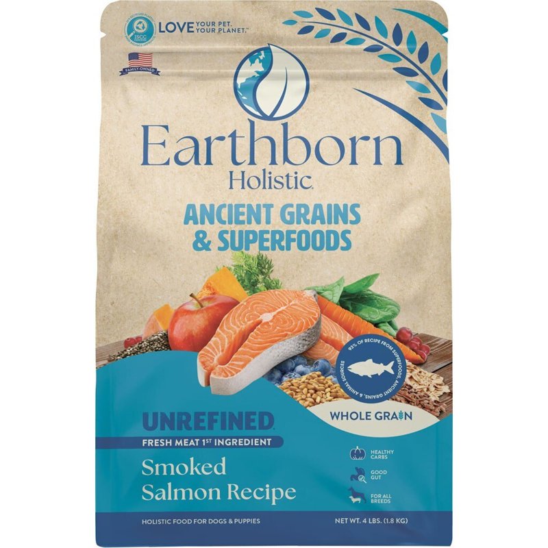 Earthborn Holistic Unrefined Smoked Salmon Recipe with Ancient Grains & Superfoods Dry Food for Dogs and Puppies (4 lb. Bag)
