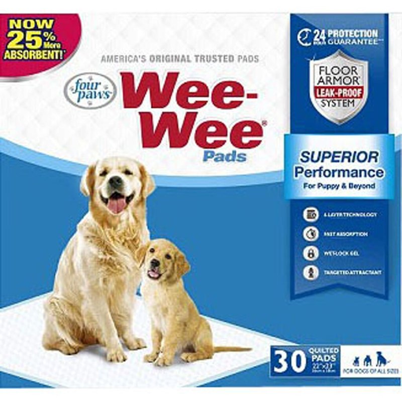 Four Paws Wee-Wee Superior Performance Pee Pads for Dogs of All Sizes, Leak-Proof Floor Protection Dog & Puppy Quilted Potty Training Pads, Unscented, 22" x 23" (30 Count)