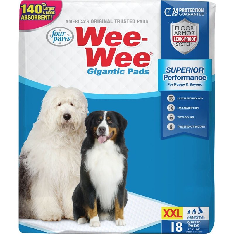 Four Paws Wee-Wee Superior Performance Gigantic Pee Pads for Extra Large Dogs, Leak-Proof Floor Protection Dog & Puppy Quilted Potty Training Pads, Unscented, 27.5" x 44" (18 Count)