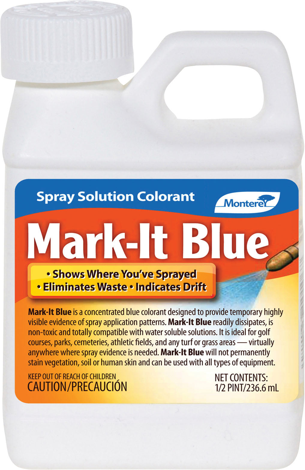 A white plastic bottle with a blue and orange label for Monterey Mark-It Blue spray solution colorant, front view.