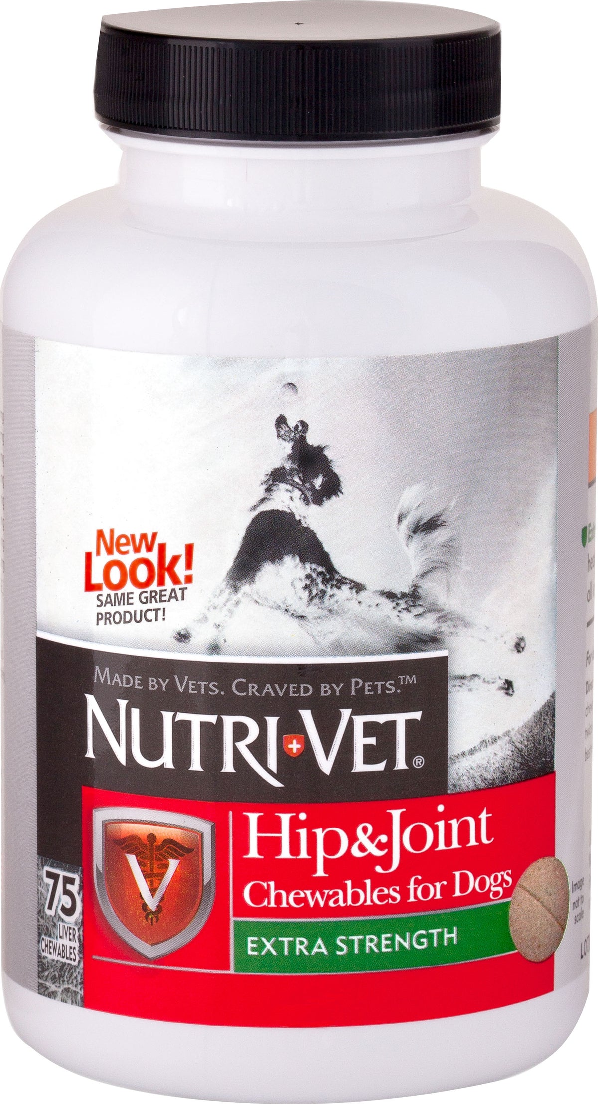 Front view of a white bottle with black cap labeled Nutri-Vet Hip & Joint Chewables for Dogs, Extra Strength, Liver flavor, 75 count.