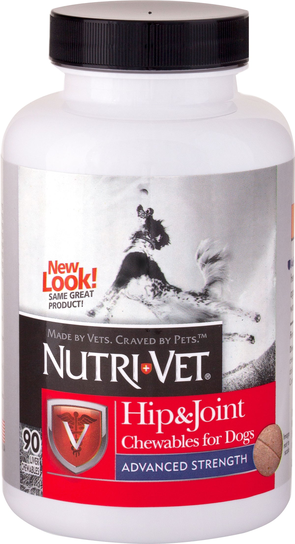 Packaged product: white bottle with black cap, red label showing Nutri-Vet Hip & Joint Chewables for Dogs, 90 count, liver flavor.