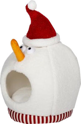Comfy Frosty'S Cat Hideaway, white plush snowman-shaped cat bed with red Santa hat, orange carrot nose, and red-and-white striped base.