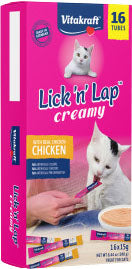 Packaged product: Vitakraft Lick 'n' Lap Creamy cat treats, pink box with 16 tubes, chicken flavor.