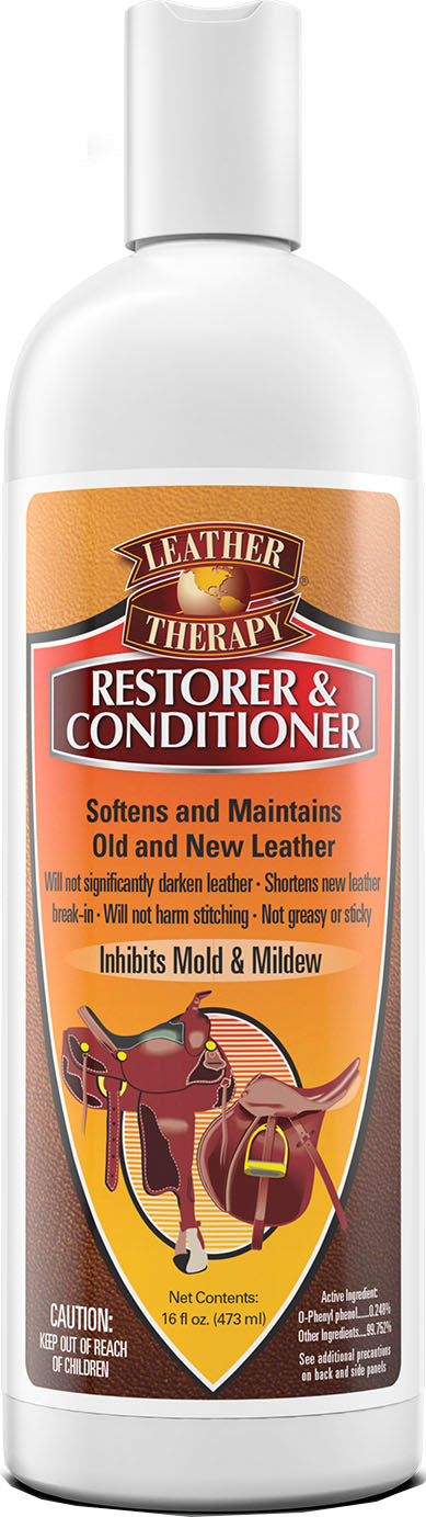 Front view of a white bottle with a brown and orange label for Leather Therapy Restorer & Conditioner, 16 fl oz.