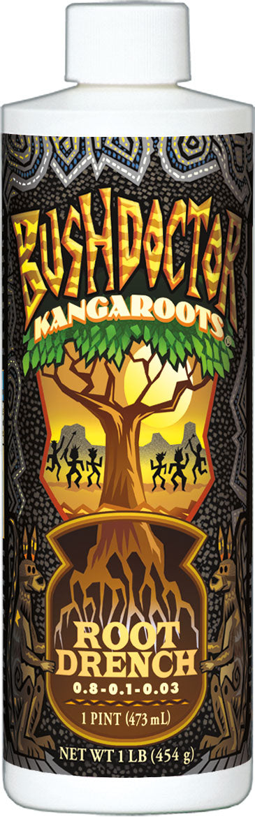 Front view of a packaged Bush Doctor Kangaroots Root Drench bottle with 1 pint size and 1 lb net weight.