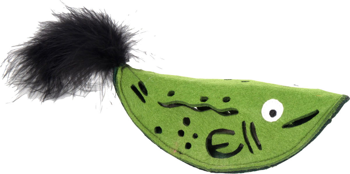 Green felt catnip stuffer fish plush toy with black fuzzy tail and embroidered text, front view close-up