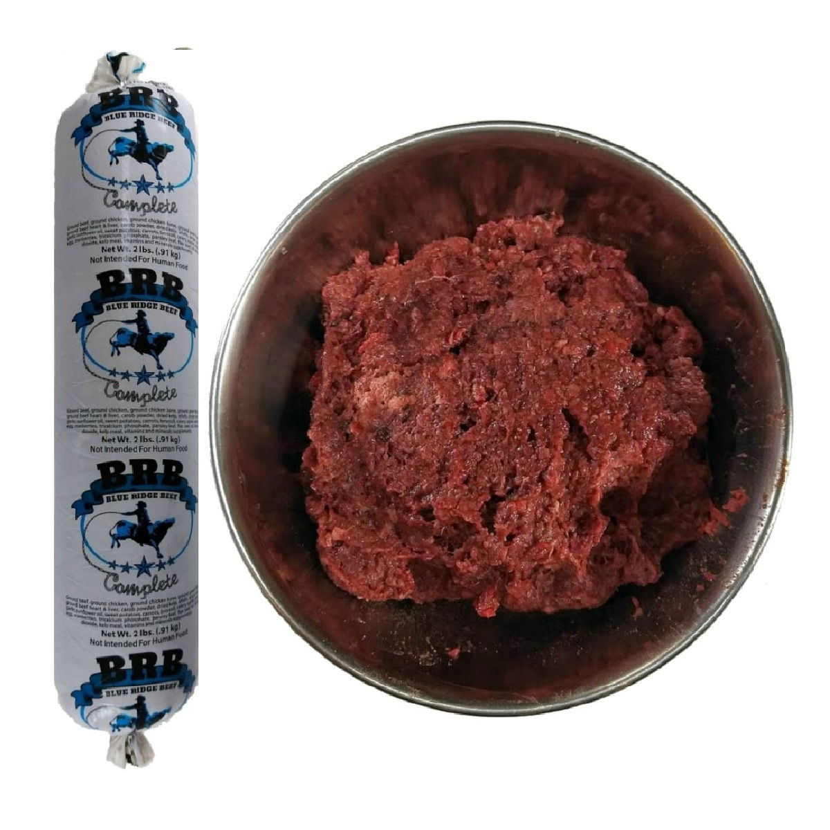 A packaged Blue Ridge Beef Complete dog food chub next to an open metal bowl filled with red meat.