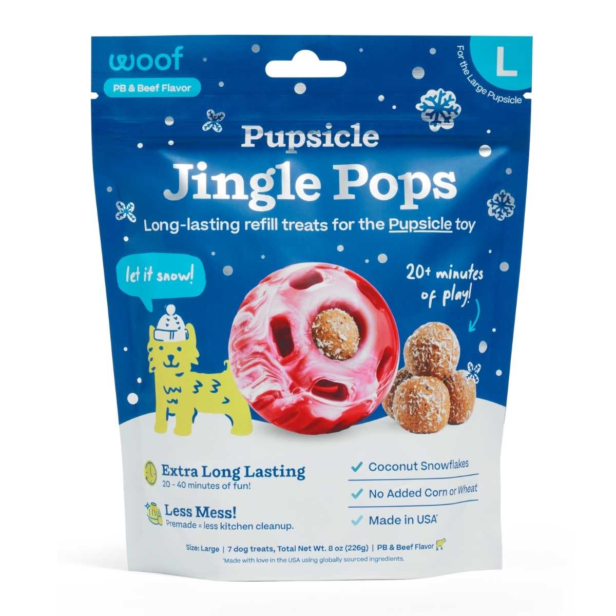 Packaged Woof Pupsicle Jingle Pops Large PB & Beef Flavor refill treats with blue packaging and red toy image.