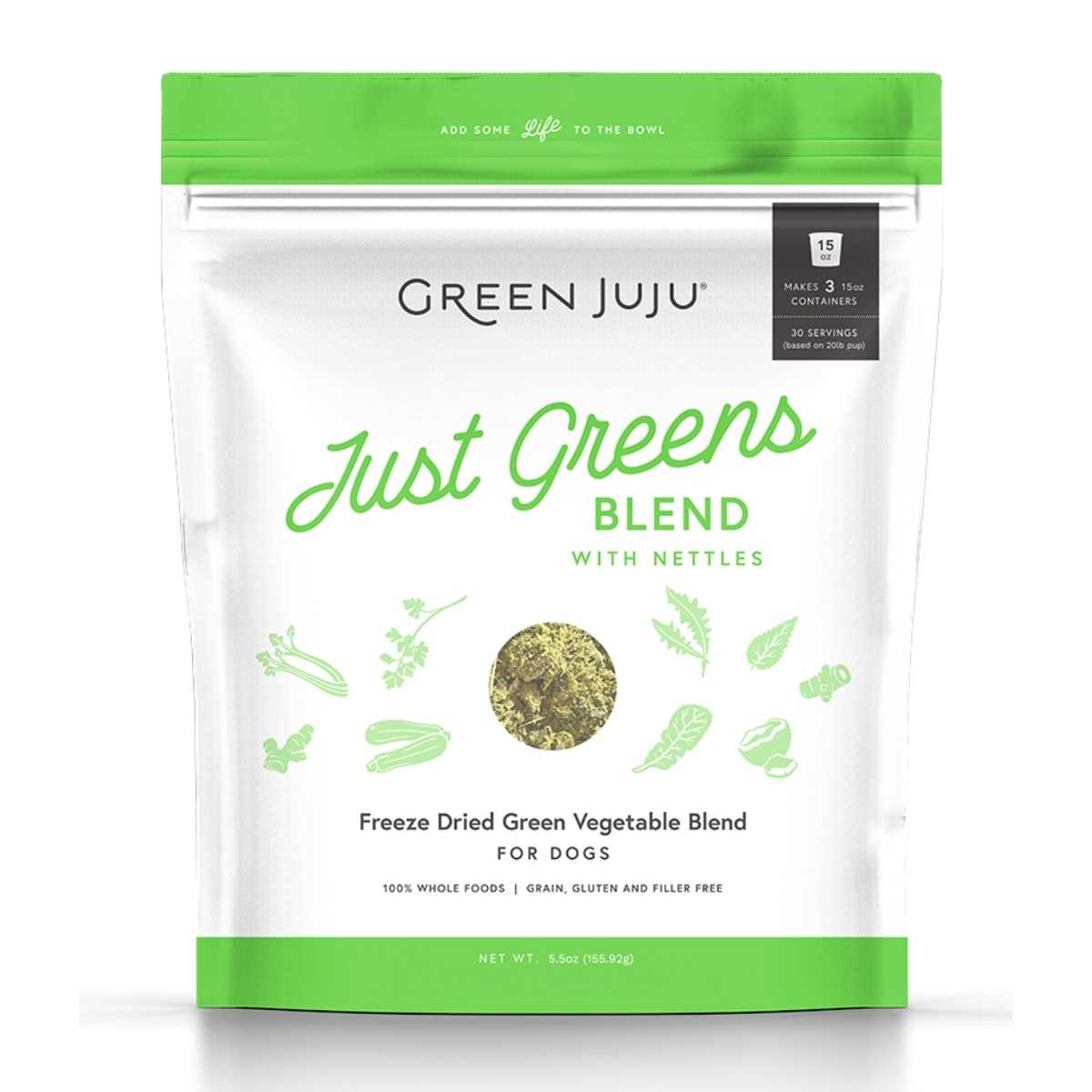 Front view of a Green Juju Just Greens Blend with Nettles freeze-dried green vegetable blend package for dogs, 5.5 oz, green and white.