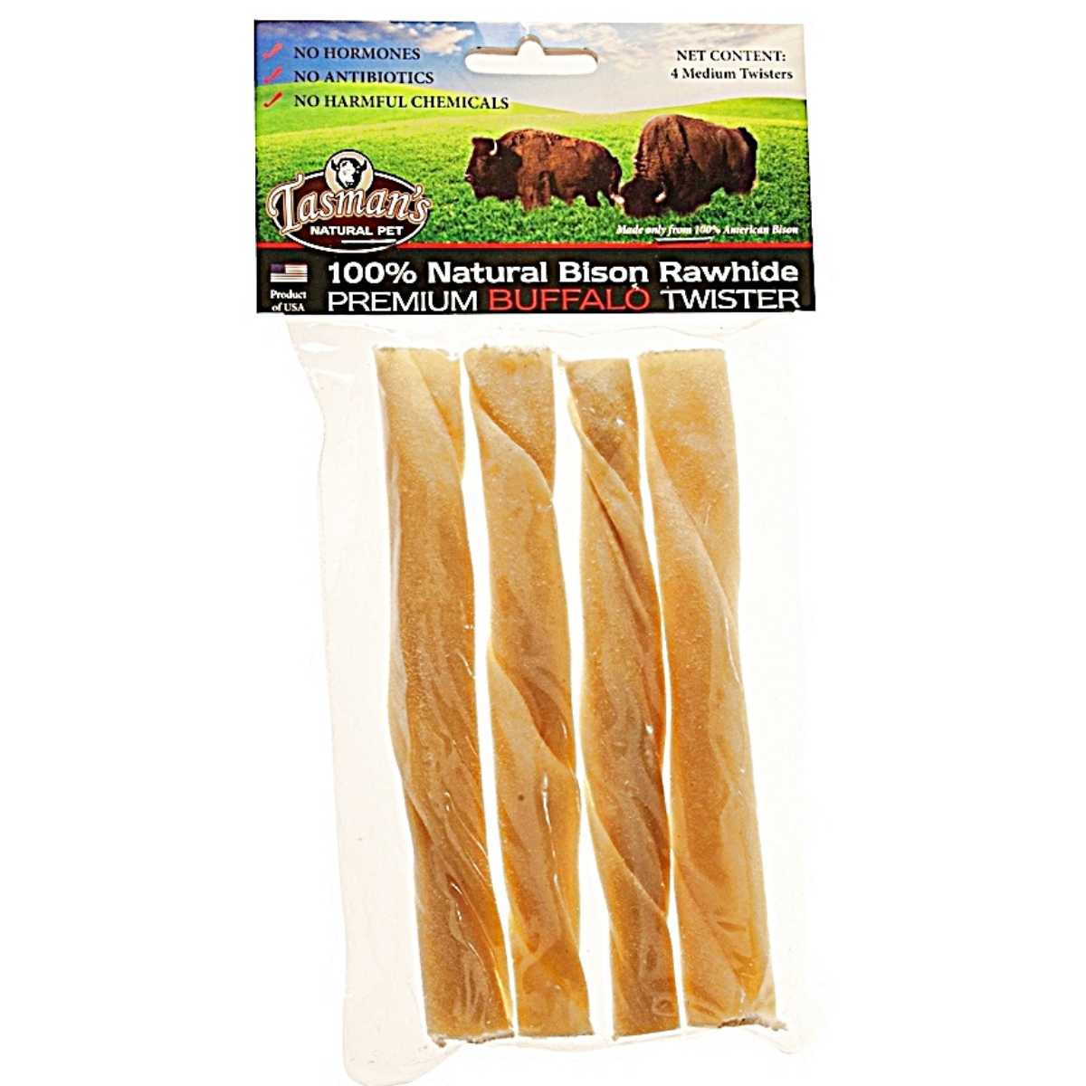 Tasman's Bison Rawhide Chews 6" Medium Twisters- 4 pk