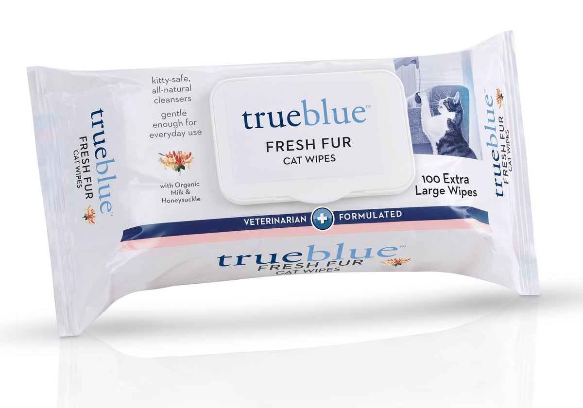 Packaged Trueblue Fresh Fur Cat Wipes with 100 extra large wipes, front view.