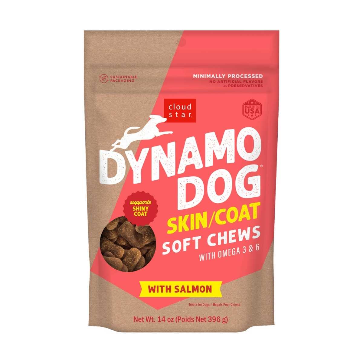 Front view of a Cloud Star Dynamo Dog Skin/Coat Soft Chews package with salmon flavor, 14 oz size, brown and red packaging.