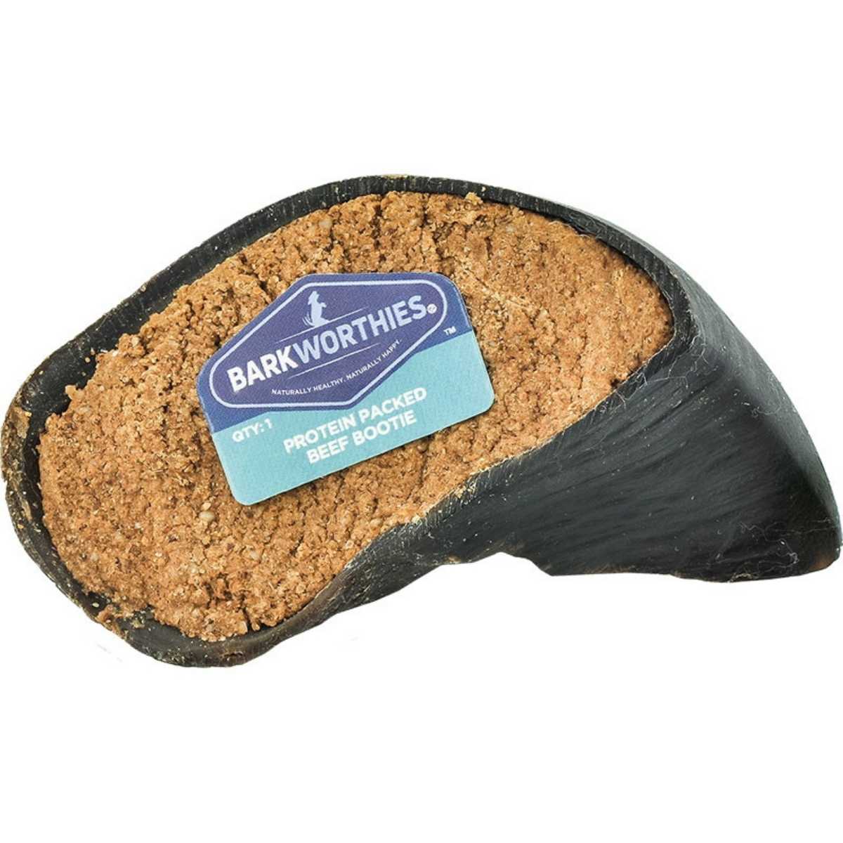 Barkworthies Protein Packed Beef Bootie packaged product with blue label on black boot-shaped container