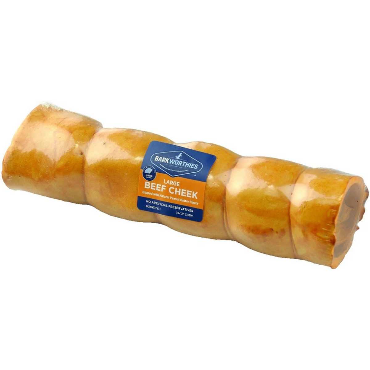 Barkworthies 10-12" Large Beef Cheek Dipped w/Peanut Butter Flavor-6 ct Case