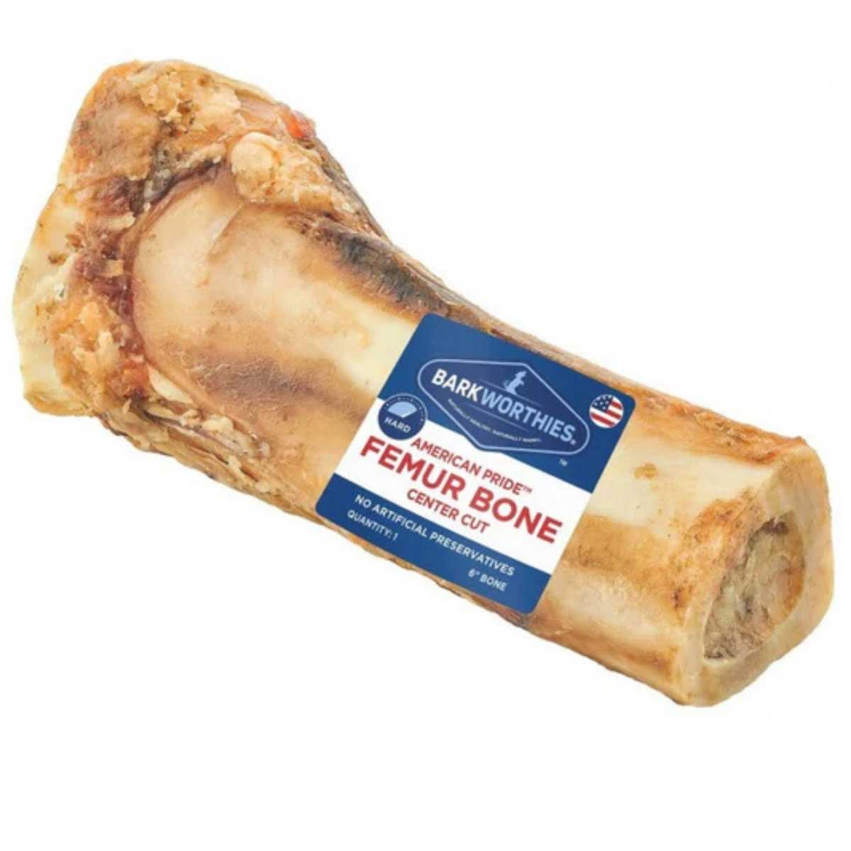 Packaged Barkworthies American Pride 6" center cut femur bone, blue and white label on a bone.