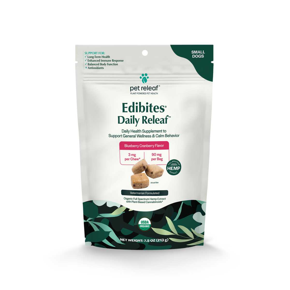 Pet Releaf Edibites Daily Releaf-Organic Blueberry/Cranberry 3 mg Chews for Small Dogs-7.5 oz Bag