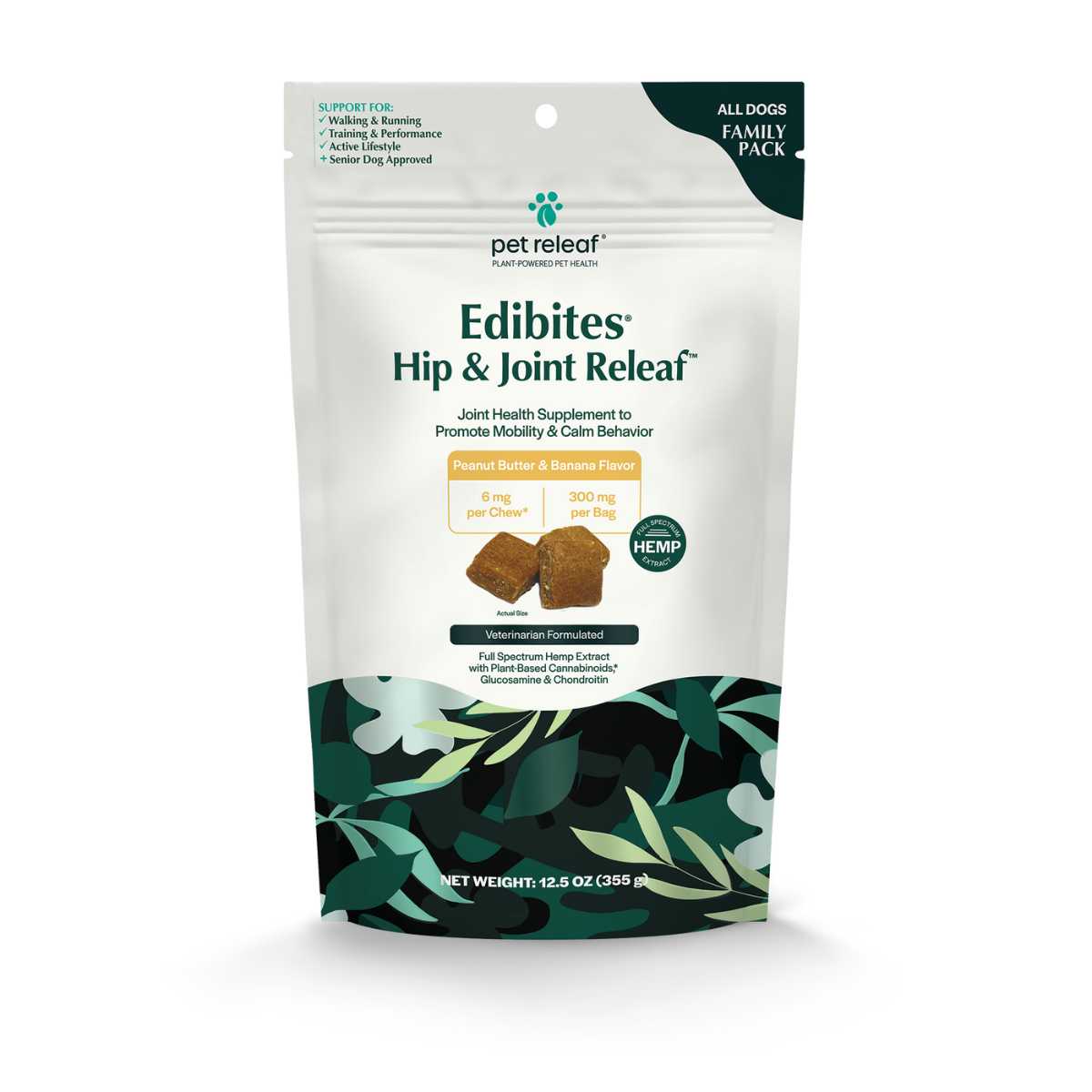 Pet Releaf Edibites Hip & Joint Releaf-PB/Banana 6 mg Chews-Family Size-12.5 oz Bag