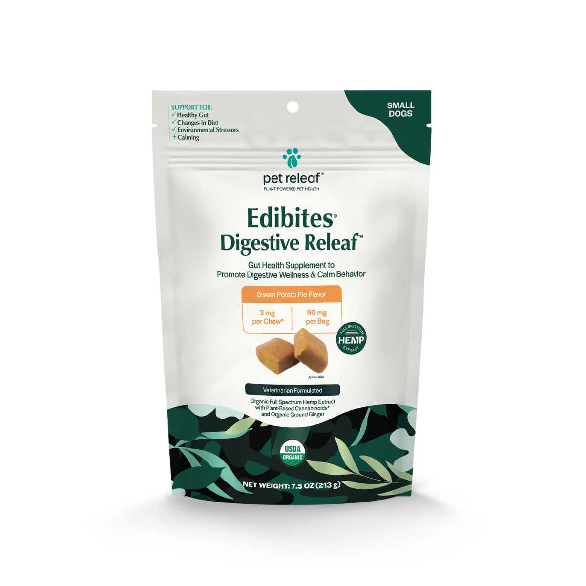 Pet Releaf Edibites Digestive Releaf-Organic Sweet Potato 3 mg Chews for Small Dogs-7.5 oz Bag