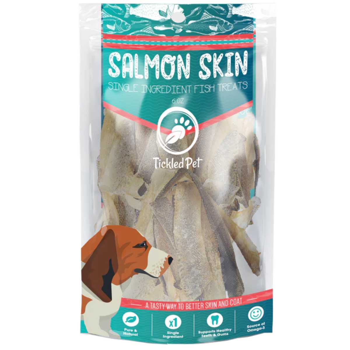 Front view of a packaged product showing Tickled Pet Salmon Skin single ingredient fish treats in a 6 oz bag.