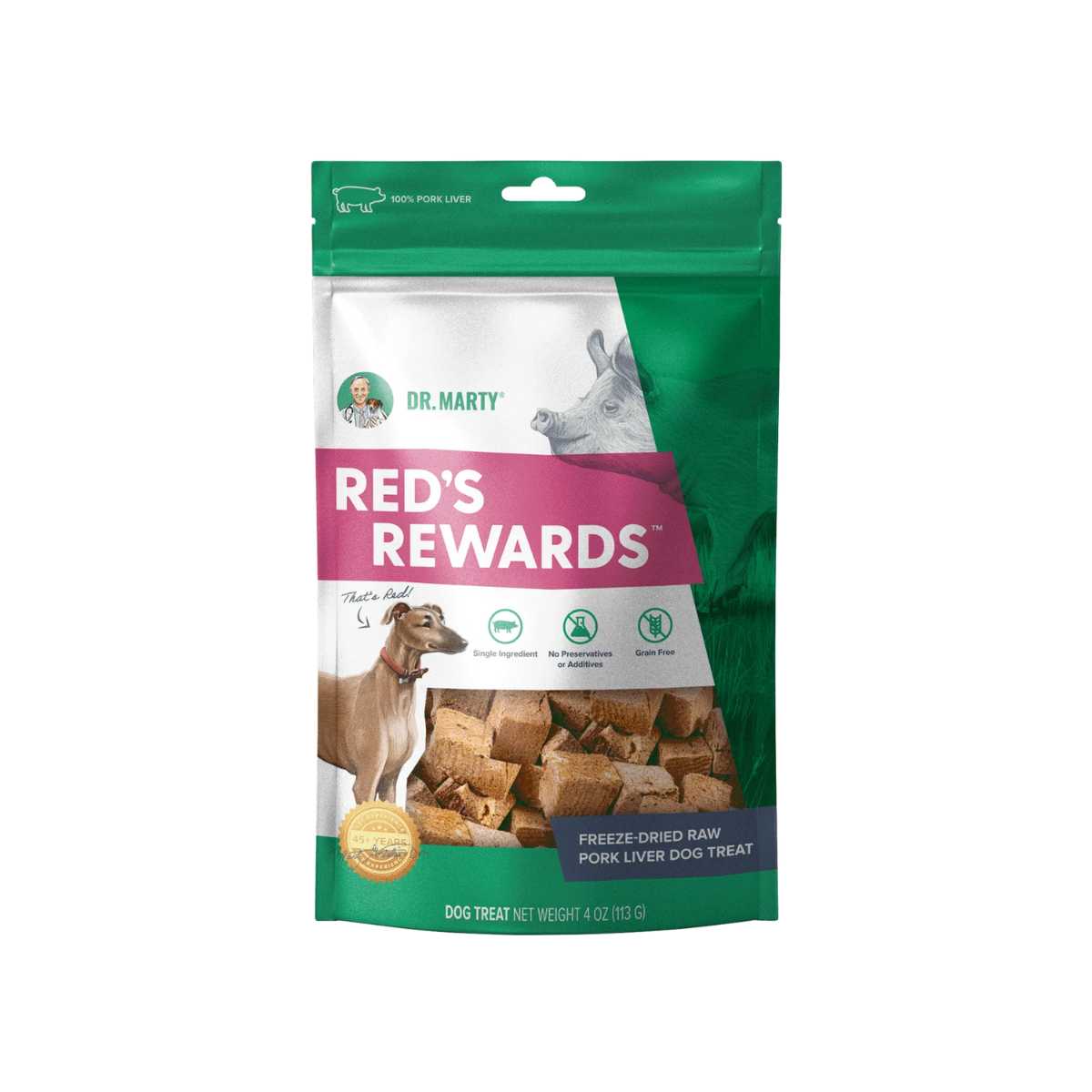 Dr. Marty Red's Rewards-100% Freeze-Dried Raw Pork Liver Dog Treats- 4 oz Bag