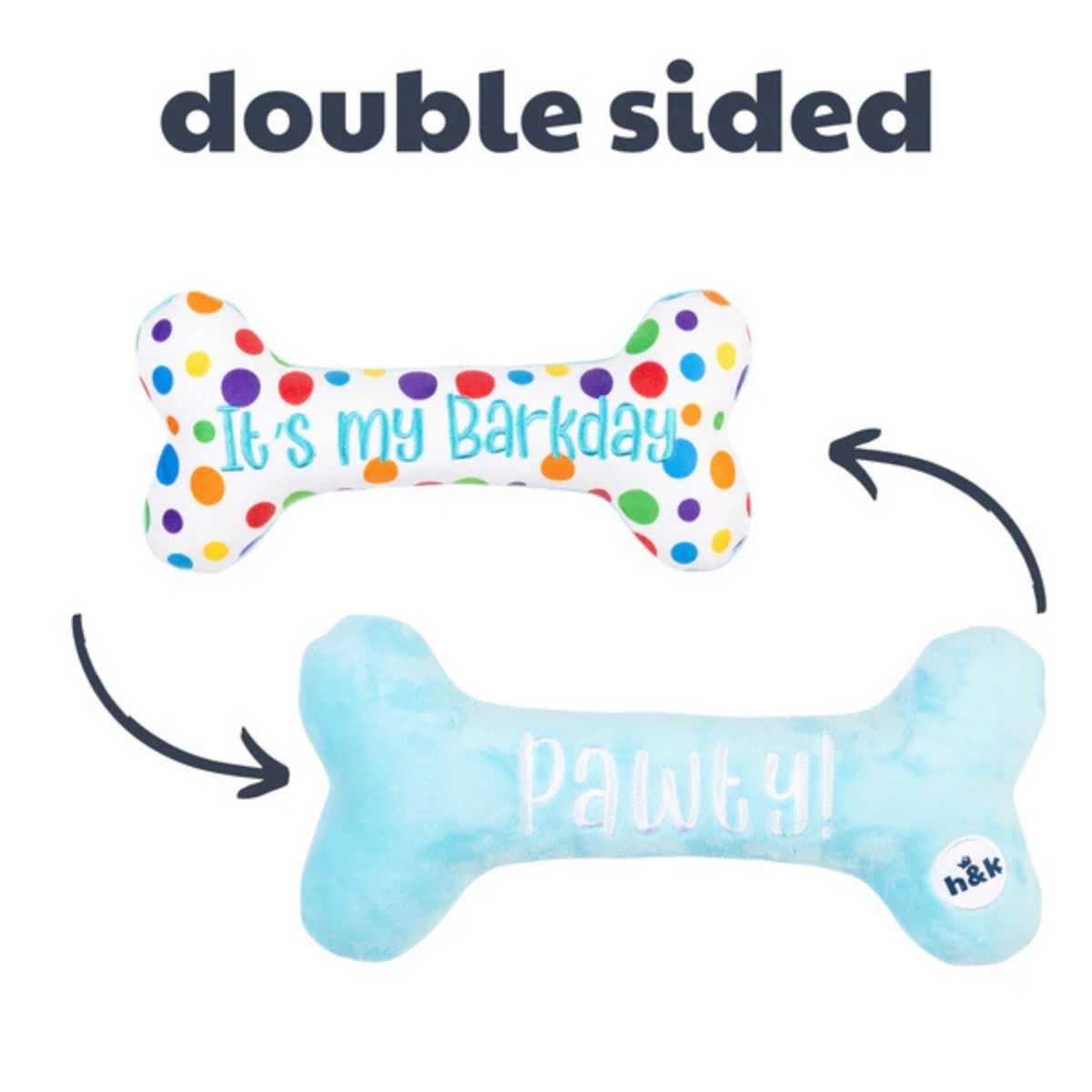 Double-sided dog bone plush toy with colorful polka dots and "It's my Barkday" on one side, "Pawty!" on the other