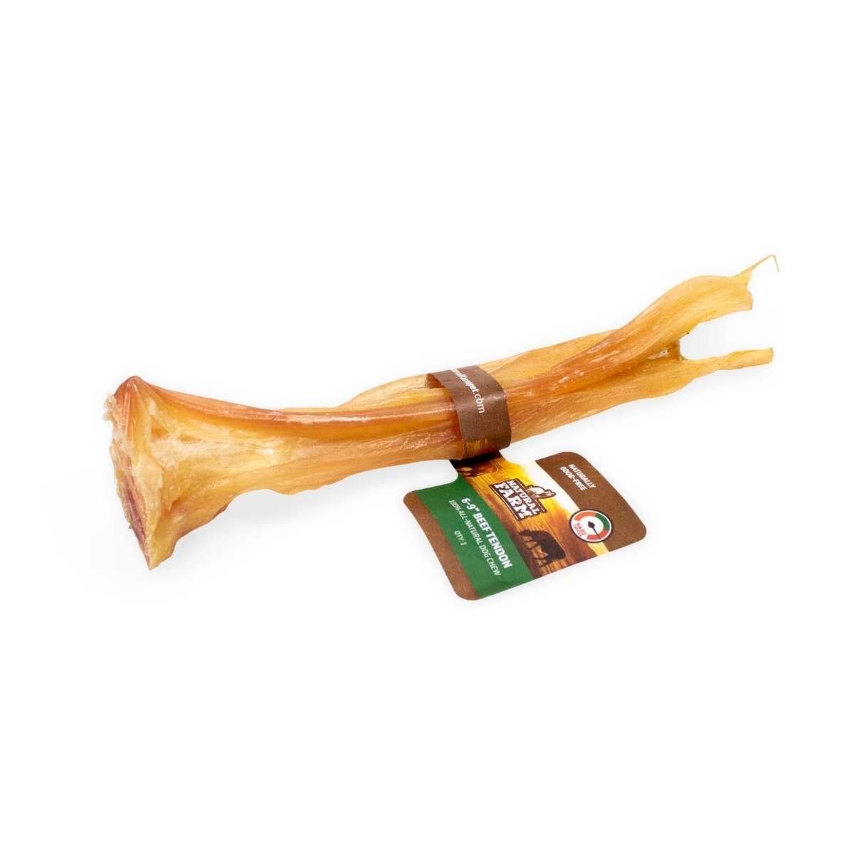Packaged Natural Farm beef tendon, 6-9 inches, light brown, front view on white background