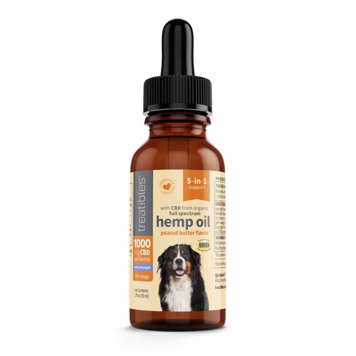 Treatibles Full Spectrum Dropper-1000mg CBD Peanut Butter-Canine- 1 fl oz Dropper