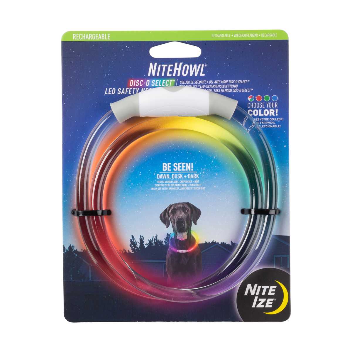 Packaged Nite Ize NiteHowl LED safety necklace with rainbow-colored disc on a blue background.