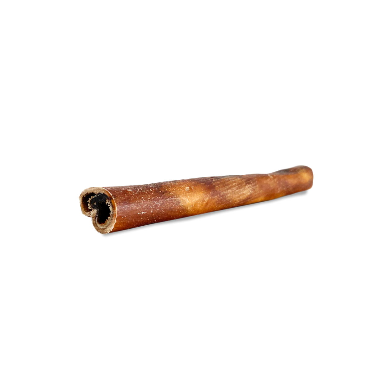 Close-up of a single brown collagen stick with one end cut open, showing a dark interior.