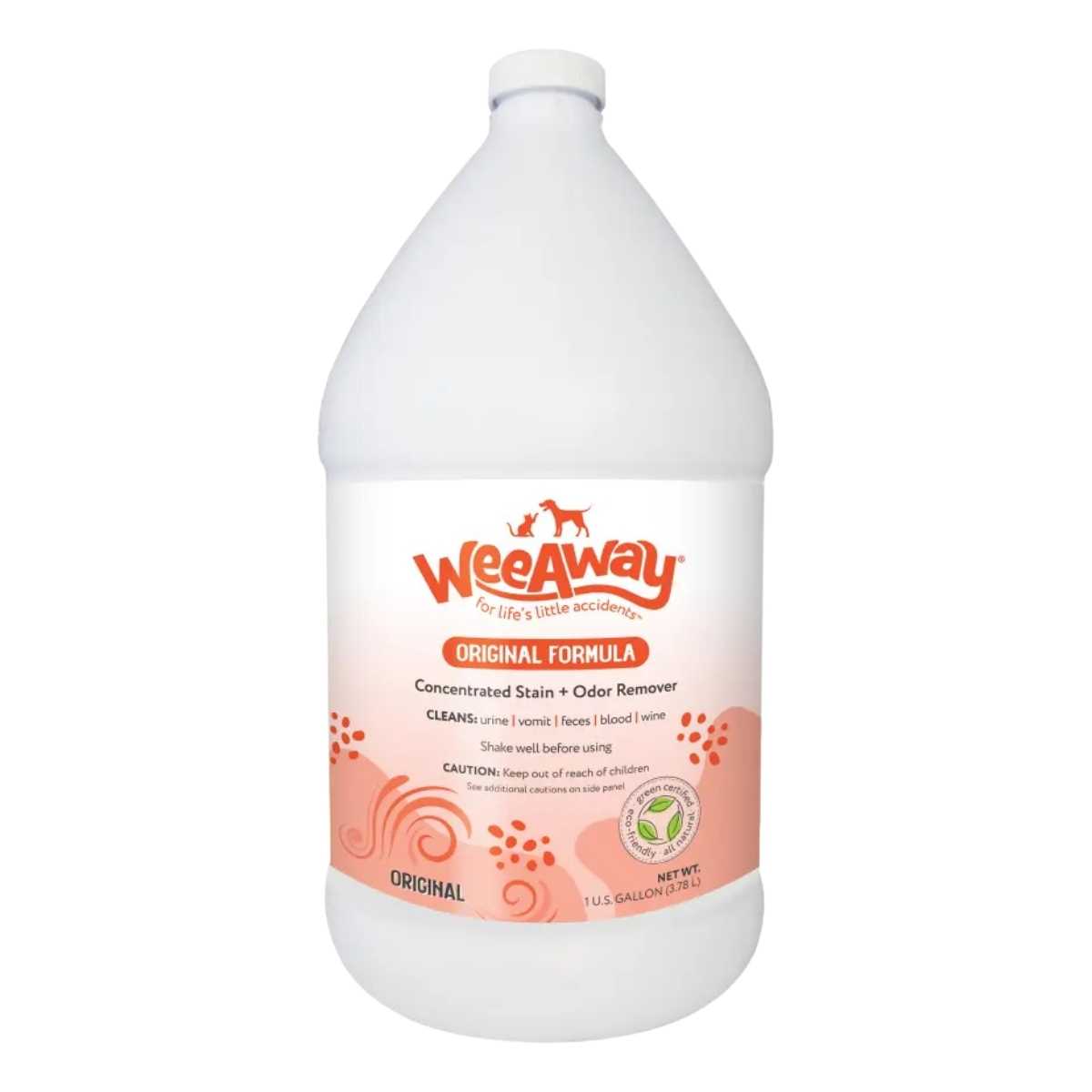 Front view of a white Wee Away Original Formula concentrated stain and odor remover bottle with pink label.