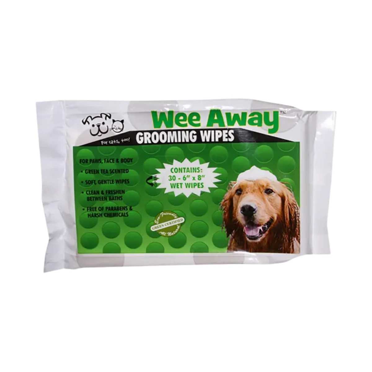 Packaged product: Wee Away Grooming Wipes with green tea scent, 30 wet wipes, front view.
