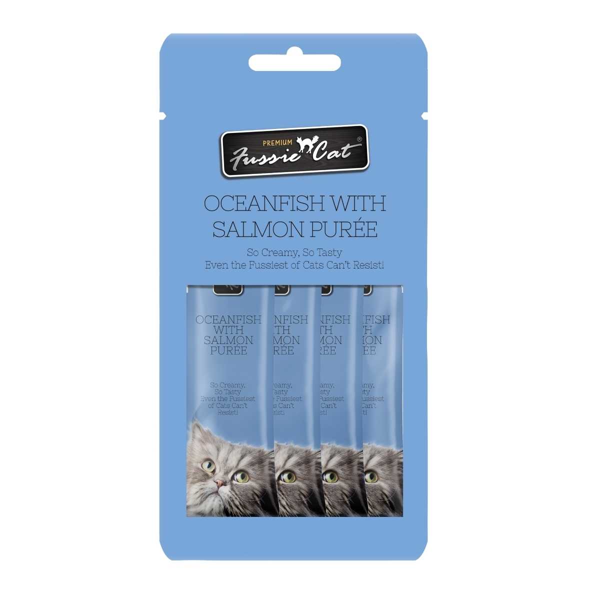 Fussie Cat Ocean Fish/Salmn Puree-4 pk/.05 oz tubes