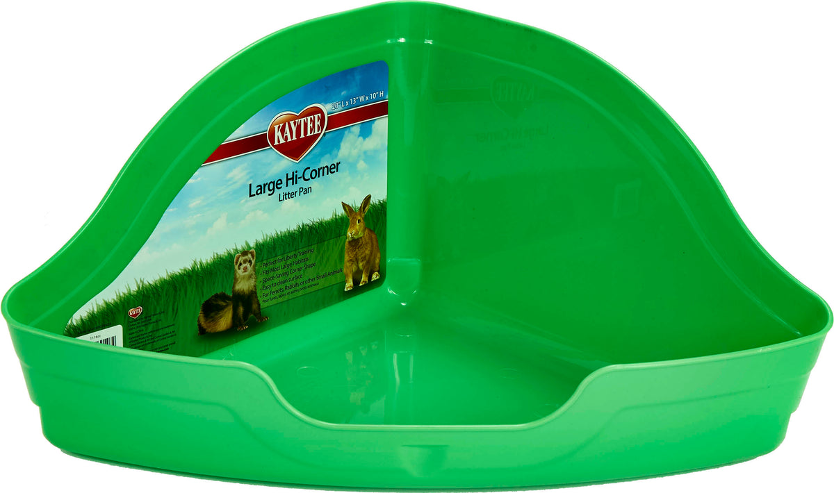 Green Kaytee Large Hi-Corner Litter Pan packaged product with label showing rabbit and ferret.