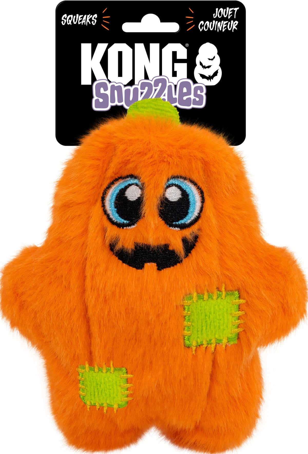 Packaged Kong Halloween Snuzzles plush toy, orange with green accents, front view.
