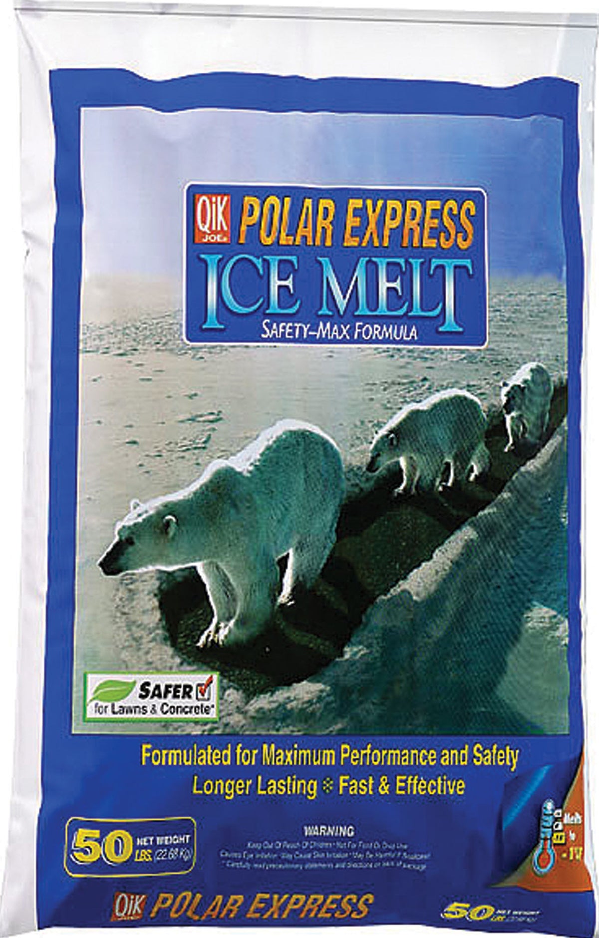 Front view of a blue packaged product labeled Qik Joe Polar Express Ice Melt with polar bears on the package.