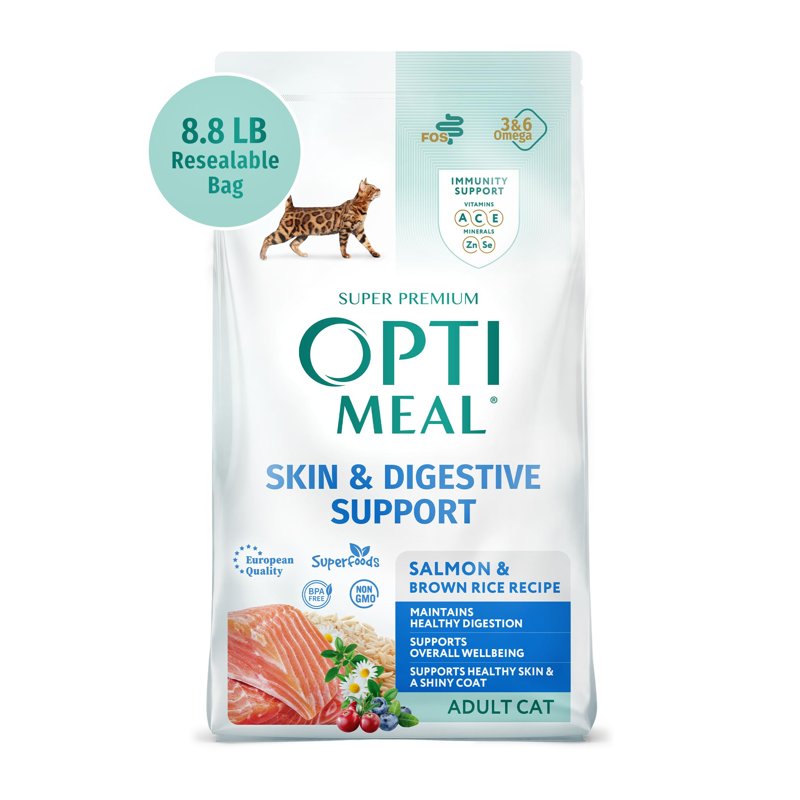 Optimeal Skin & Sensitive Stomach Cat Food - Proudly Ukrainian - Healthy Cat Food Dry Recipe for Skin & Digestive Support, Tasty Dry Cat Food for Pets (3.3 lbs, Salmon & Brown Rice)