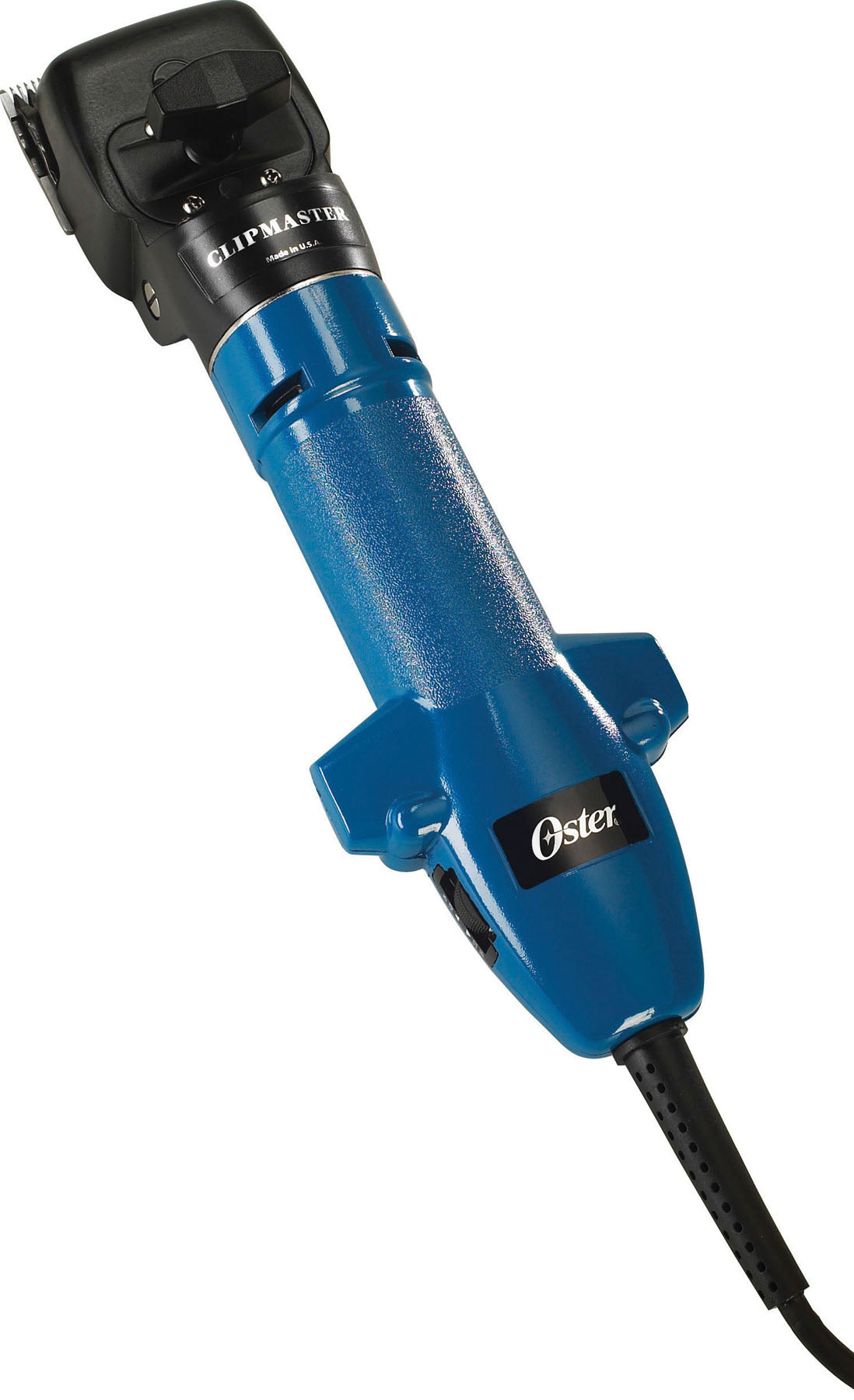 Blue Oster Clipmaster electric clippers with black accents and attached power cord, close-up view