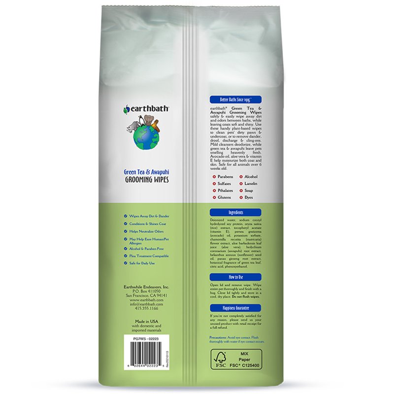 earthbath, Green Tea & Awapuhi Grooming Pet Wipes, 100 Count