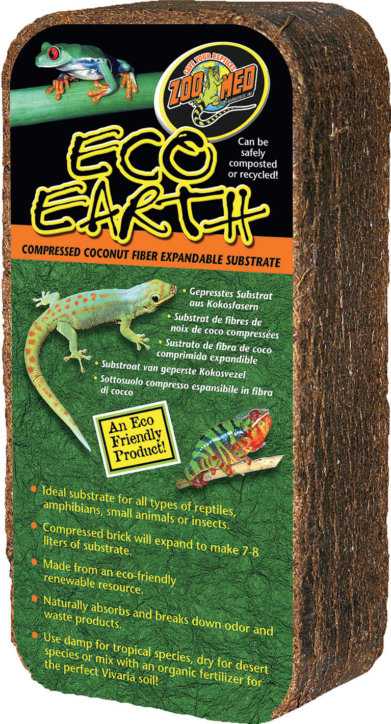 Packaged product: Zoo Med Eco Earth compressed coconut fiber substrate brick, brown, front view.