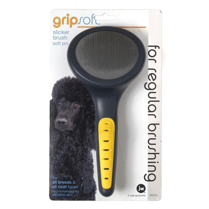 JW Pet Gripsoft Dog Soft Pin Slicker Brush with Non-Slip Rubber Grip (Angled Stainless Steel Tines),Assorted Colors,8 Inch,65002