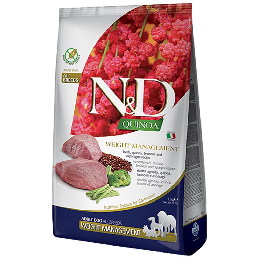 N&D Farmina, N&D Quinoa Weight Management W/Lamb, Quinoa, Broccoli & Asparagus Recipe Adult All Breeds Dry Dog Food, 88 Ounce