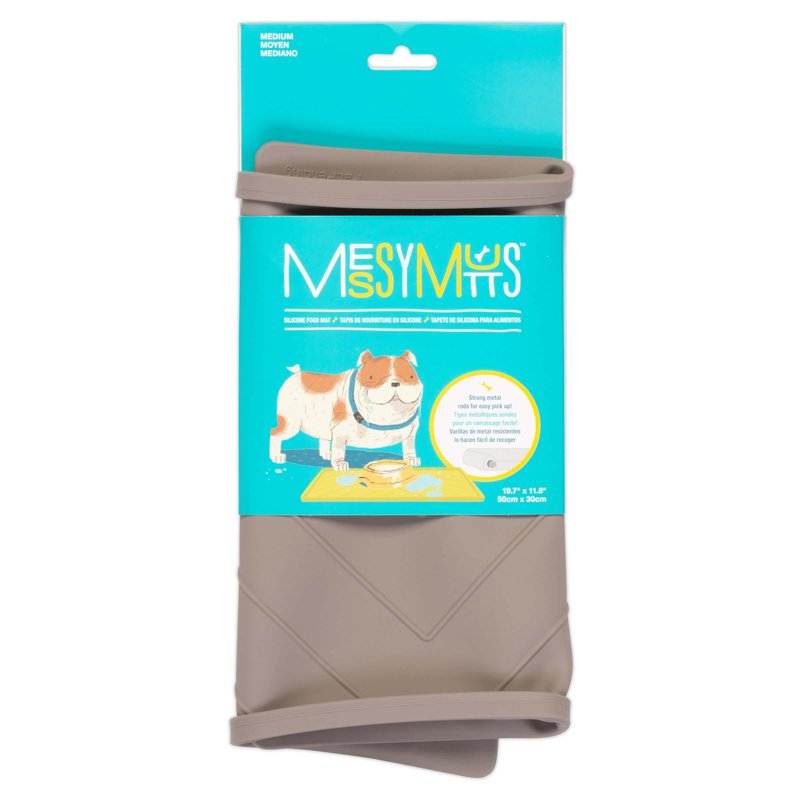 Messy Mutts Silicone Non-Slip Dog Bowl Mat with Raised Edge and Two Sides Reinforced with Metal Rods | Dog/Cat Bowl Mat with Spill-Proof Lip | Medium, 20†x 12†| Dark Grey