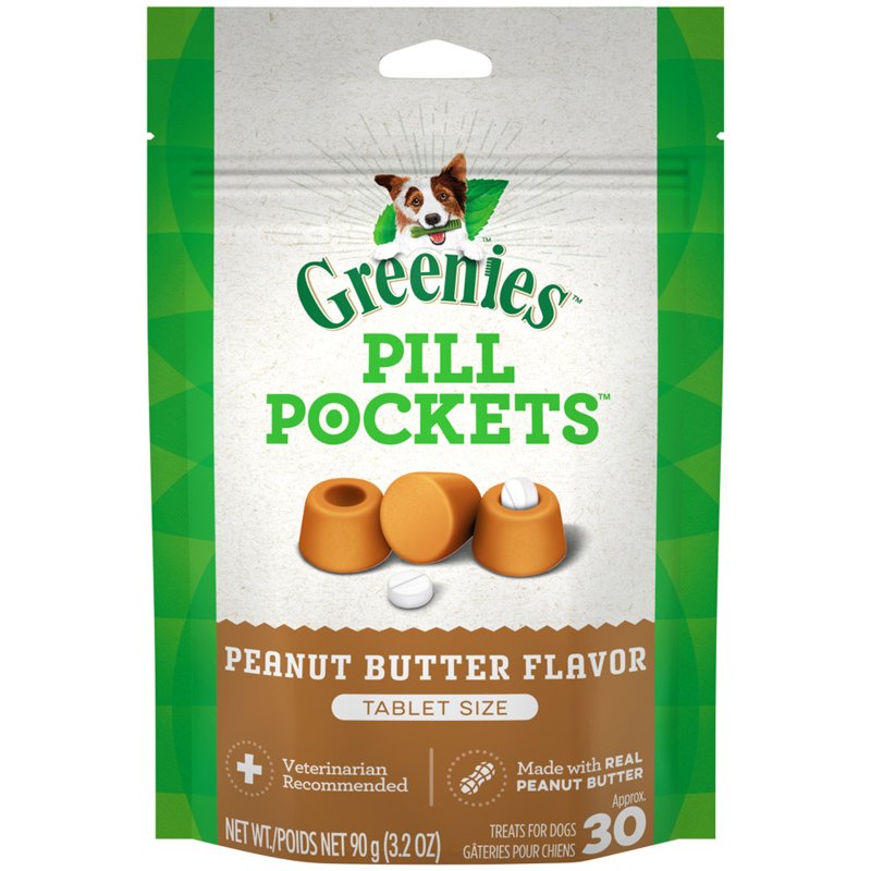 Greenies Pill Pockets for Dogs Tablet Size Natural Soft Dog Treats with Real Peanut Butter, 3.2 oz. Pack (30 Treats)